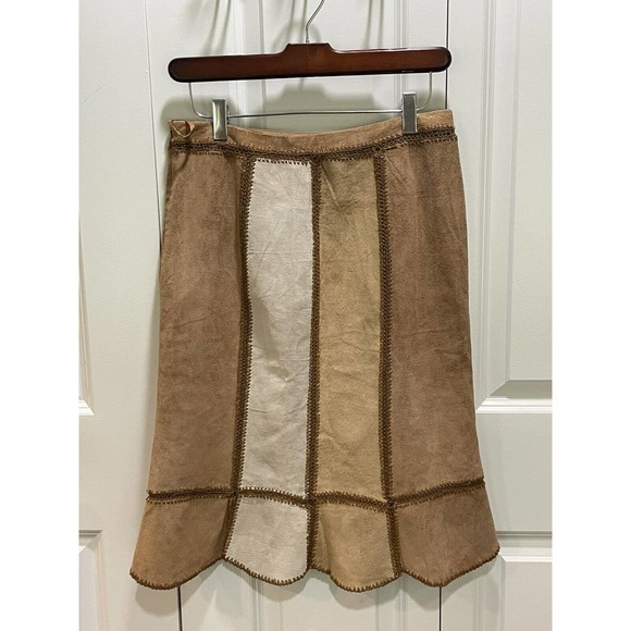 Express Vgt‎ Suede Leather Crochet Patchwork Skirt Lined Scalloped Hem Western - Picture 4 of 9